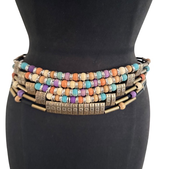 Source Unknown Accessories - Boho Beaded Waist Belt‎ Colorful Wood Metal Chain Adjustable preloved OS